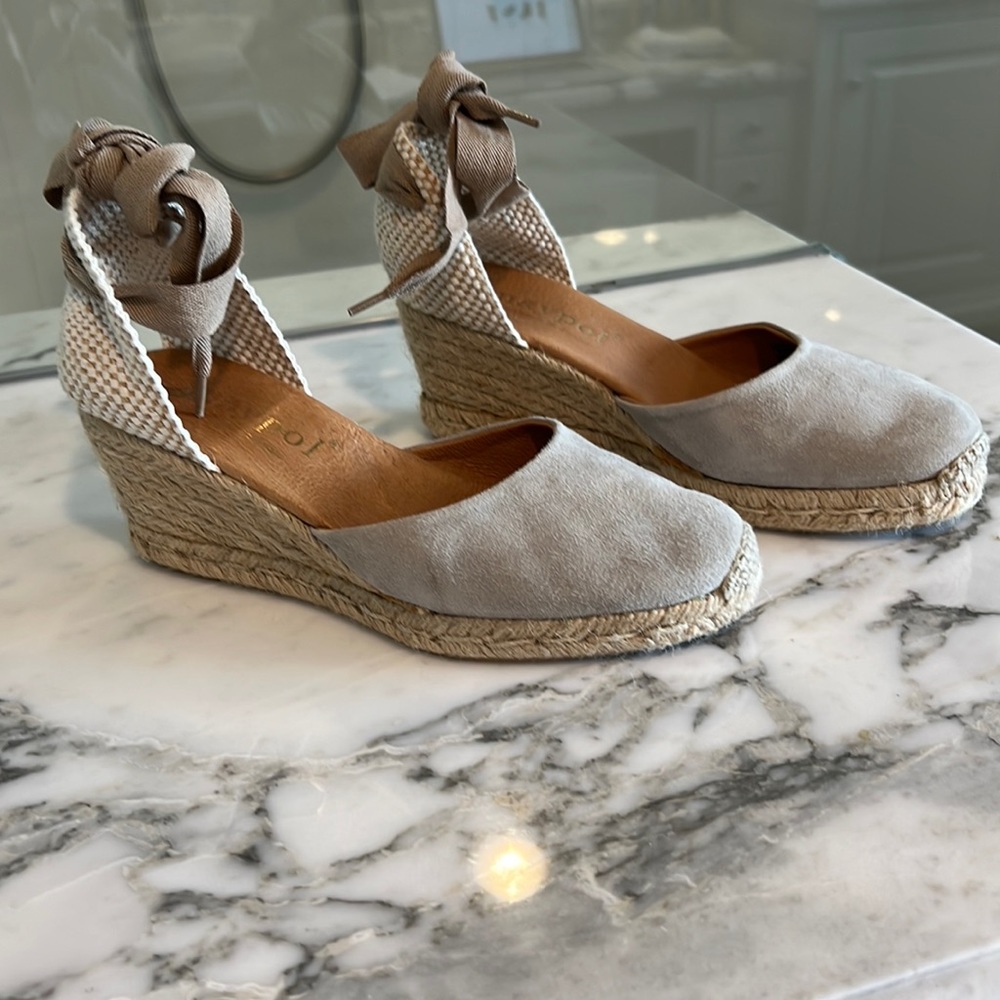 MAYPOL made in Spain, tan suede rope espadrille with ankle cloth ties